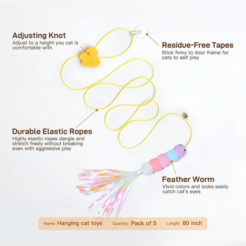 Potaroma Interactive Cat Feather Toys 5 Pcs, Cat Teaser Retractable Hanging Indoor Kitten Play Chase Exercise, Mental Physical Stimulation for All Breeds and Species