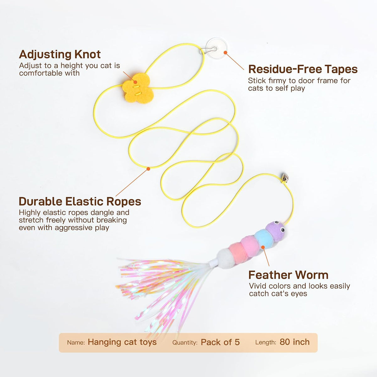 Potaroma Interactive Cat Feather Toys 5 Pcs, Cat Teaser Retractable Hanging Indoor Kitten Play Chase Exercise, Mental Physical Stimulation for All Breeds and Species