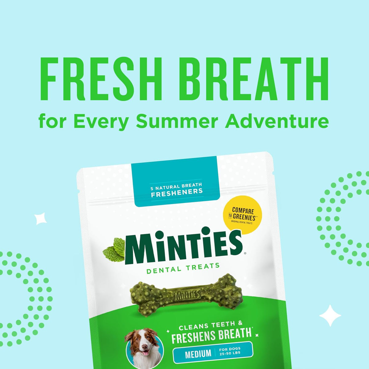 Minties Dental Chews for Dogs, 60 Count, Vet-Recommended Mint-Flavored Dental Dog Treats for Medium Dogs, Bones Clean Teeth, Fight Bad Breath, and Removes Plaque and Tartar | Vet-recommended mint dental bone; scrubs teeth as dogs chew; fights plaque, tart
