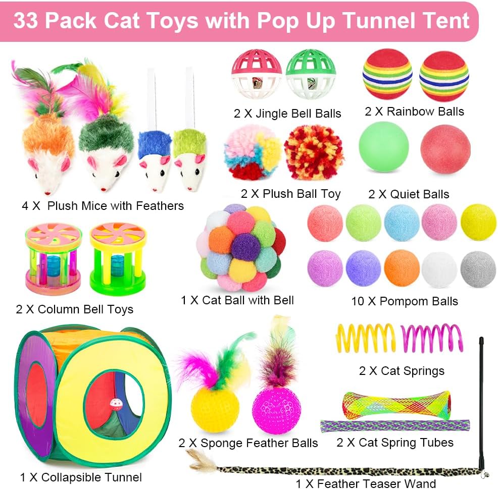 Retro Shaw 33Pcs Cat Toys with Tunnel for Indoor Cats