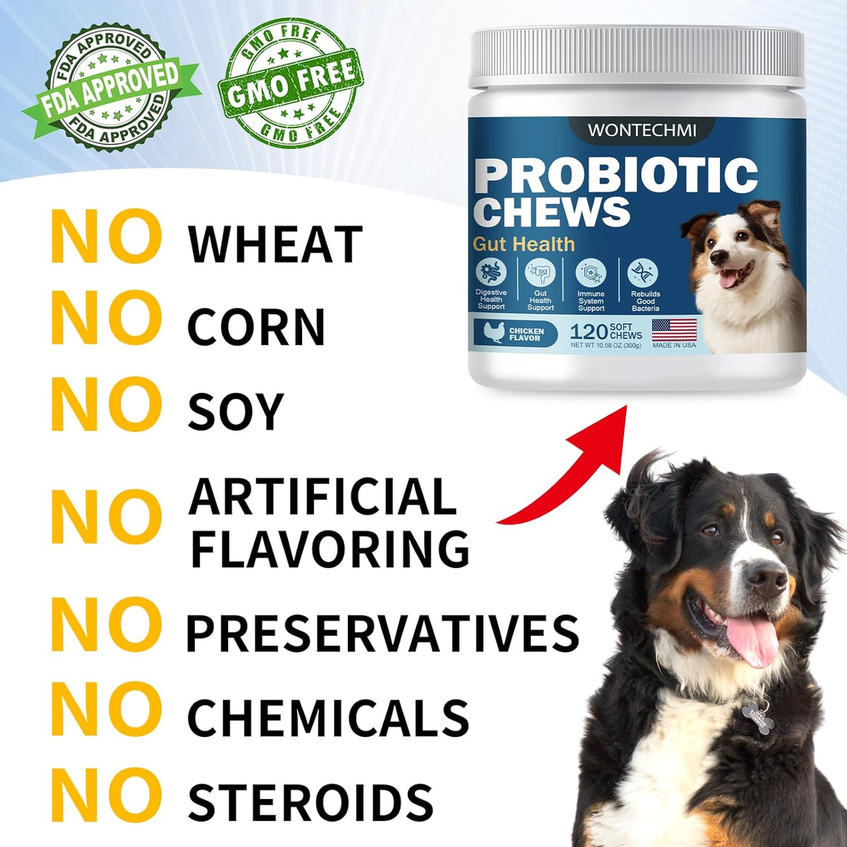 Probiotics for Dogs, Improve Itchy Skin Itchy Ears, Gut Health, Yeast Balance, Allergies, Immunity, Dog Probiotics and Digestive Enzymes with Prebiotics, Reduce Diarrhea (Chicken, 120 chews)
