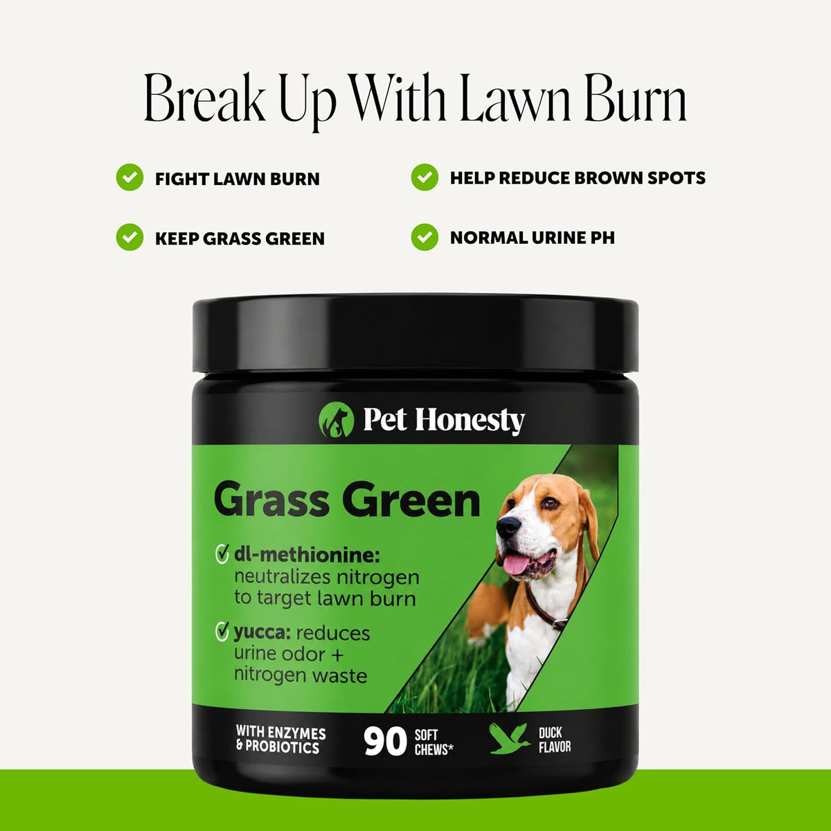Grass Green Dog Urine Neutralizer for Lawns - Stops Yellow Burn Spots & Brown Grass - Lawn Saver Supplement with dl-Methionine, Probiotics & Digestive Enzymes - Green Grass Chews (Duck, 90 Ct)