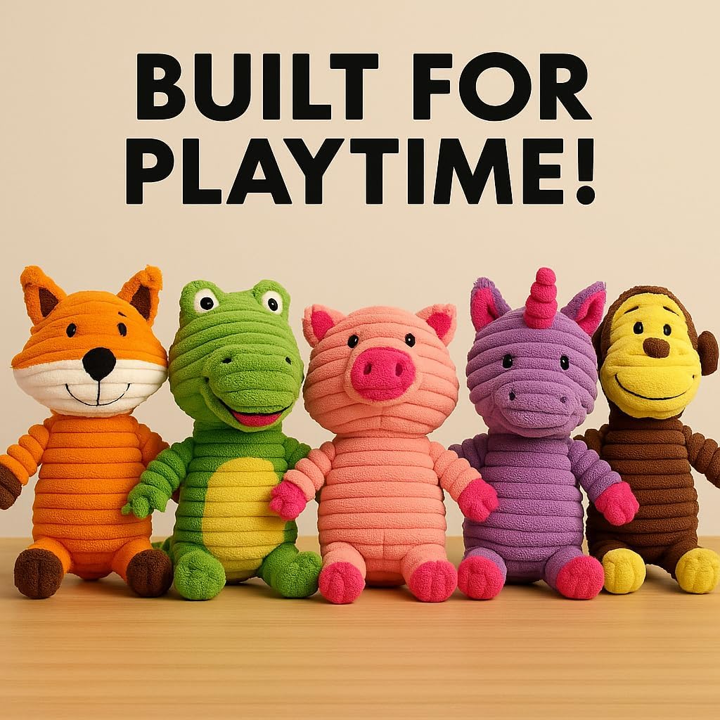 Jalousie Plush Toys Assortment Value Bundle Puppy Pet Mutt Squeak Toy for Medium Large Dogs (5 Pack Corduroy)