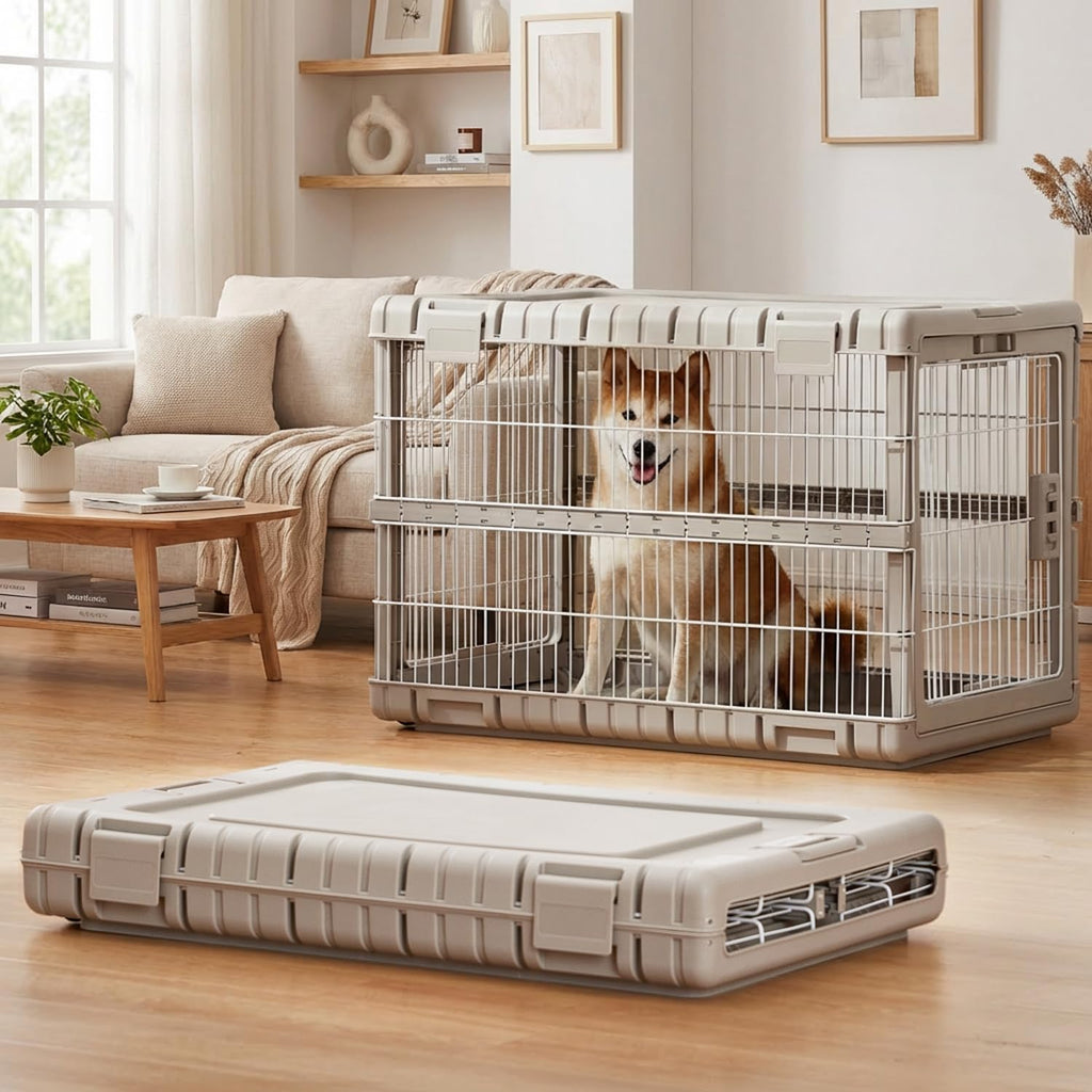 ZOMISIA Collapsible Dog Crate for Dogs - 28" L Heavy Duty Dog Kennel No Tools Required with 4 Sides Steel Foldable Cage for Dogs Indoor Furniture, Portable Carrier with 2 Smooth Wheels, Beige