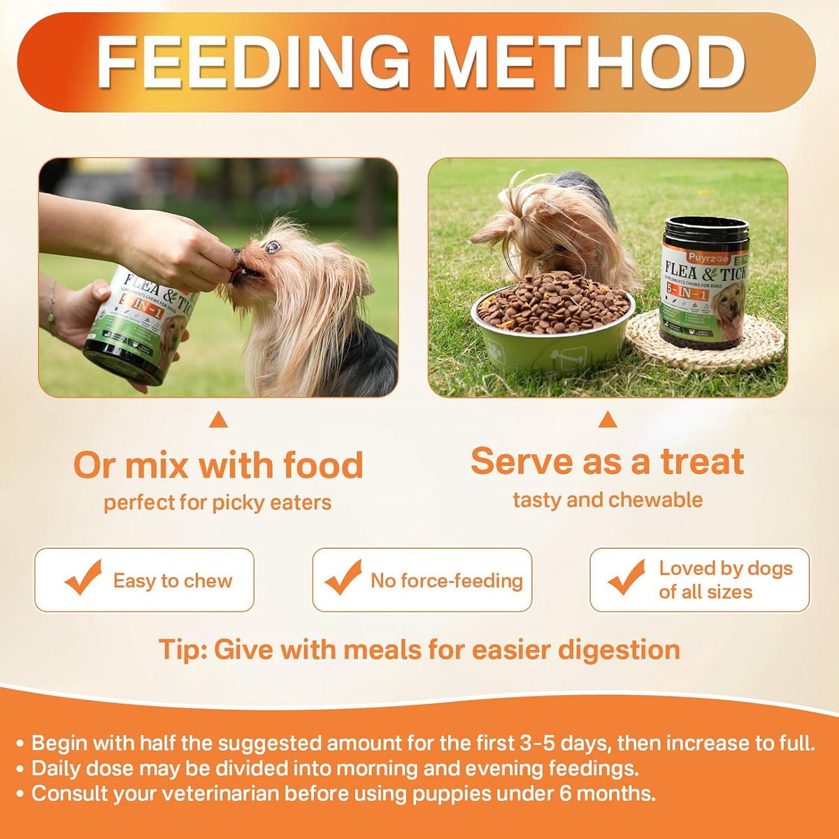 Puyrzoe Flea and Tick Prevention for Dogs, Dog Flea and Tick Treatment Chew | 5-In-1 Flea and Tick Chews, Flea & Tick Prevention | Hip & Joint | Skin & Coat | Immunity Support | Digestive for All Breeds