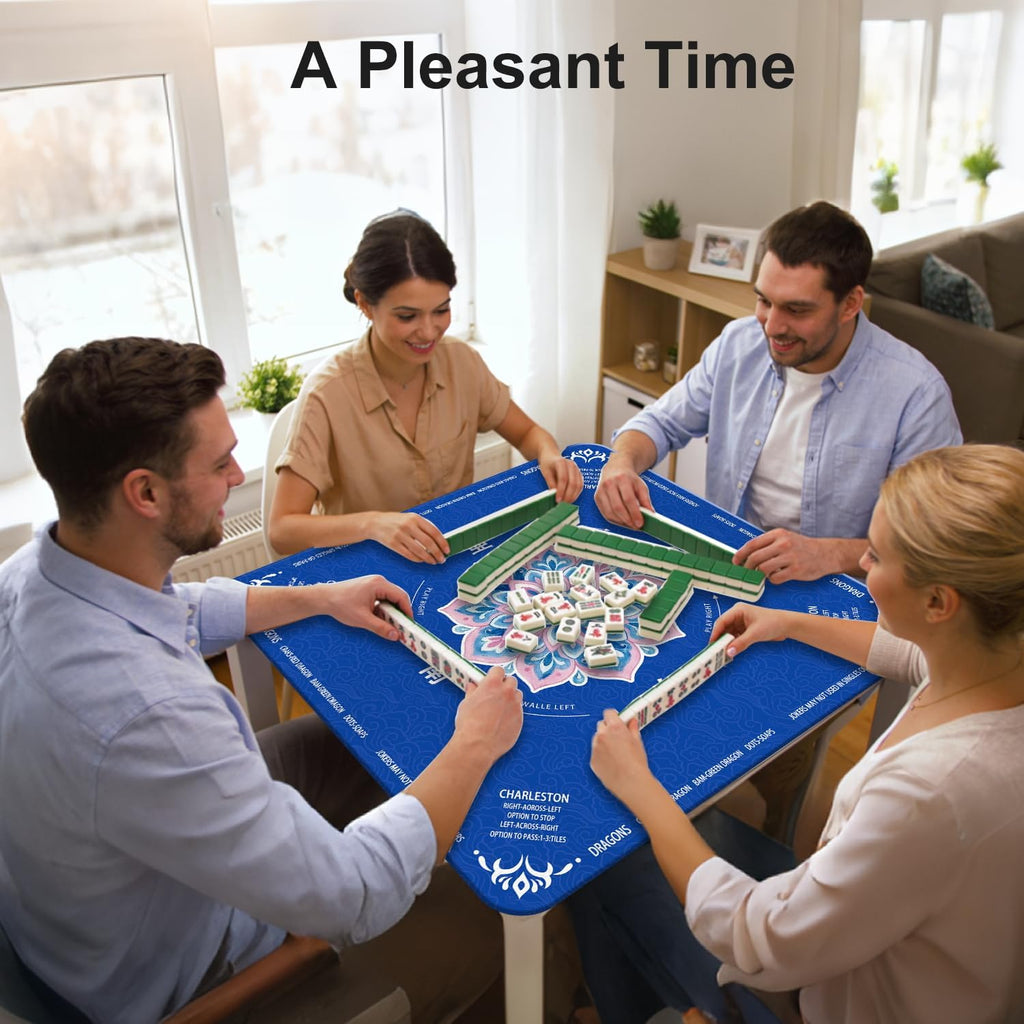 GreenD Mahjong Mat for Table 31.5"x31.5" Rubber American Mahjong Mat with Rules, Non Slip Noise Reduction Game Table Cover with Dice and Bag for Mahjong, Poker, Board, Card, Tile Games（Blue ）