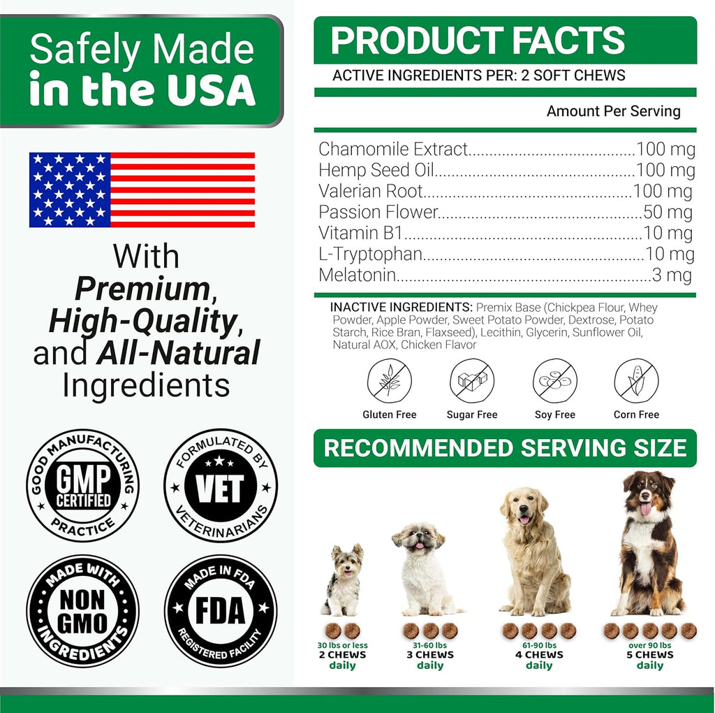 Hemp Calming Chews for Dogs - 170 Chews - Advanced Dog Calming Chews | Dog Anxiety Relief Treats - Separation, Barking, Stress & Thunderstorms - Melatonin, Hemp Oil, Valerian Root - Made in USA