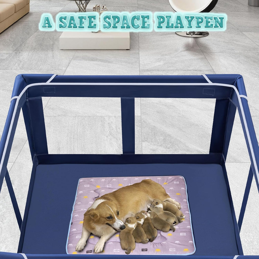 XVISHX 42x42 Inches Puppy Playpen with Gate, Dog Playpen for Puppies or Small Dogs, DogFence Pet Playpen for Indoor & Outdoor, Sturdy Safety DogPen with Thickened Fabric, High-Strength Nylon Wire Mesh