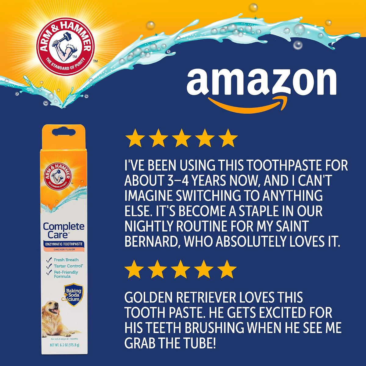 Arm & Hammer Complete Care Enzymatic Dog Toothpaste, Chicken, 6.2 Oz | Fluoride-free formula with baking soda and calcium fights plaque and tartar, freshens breath, value size