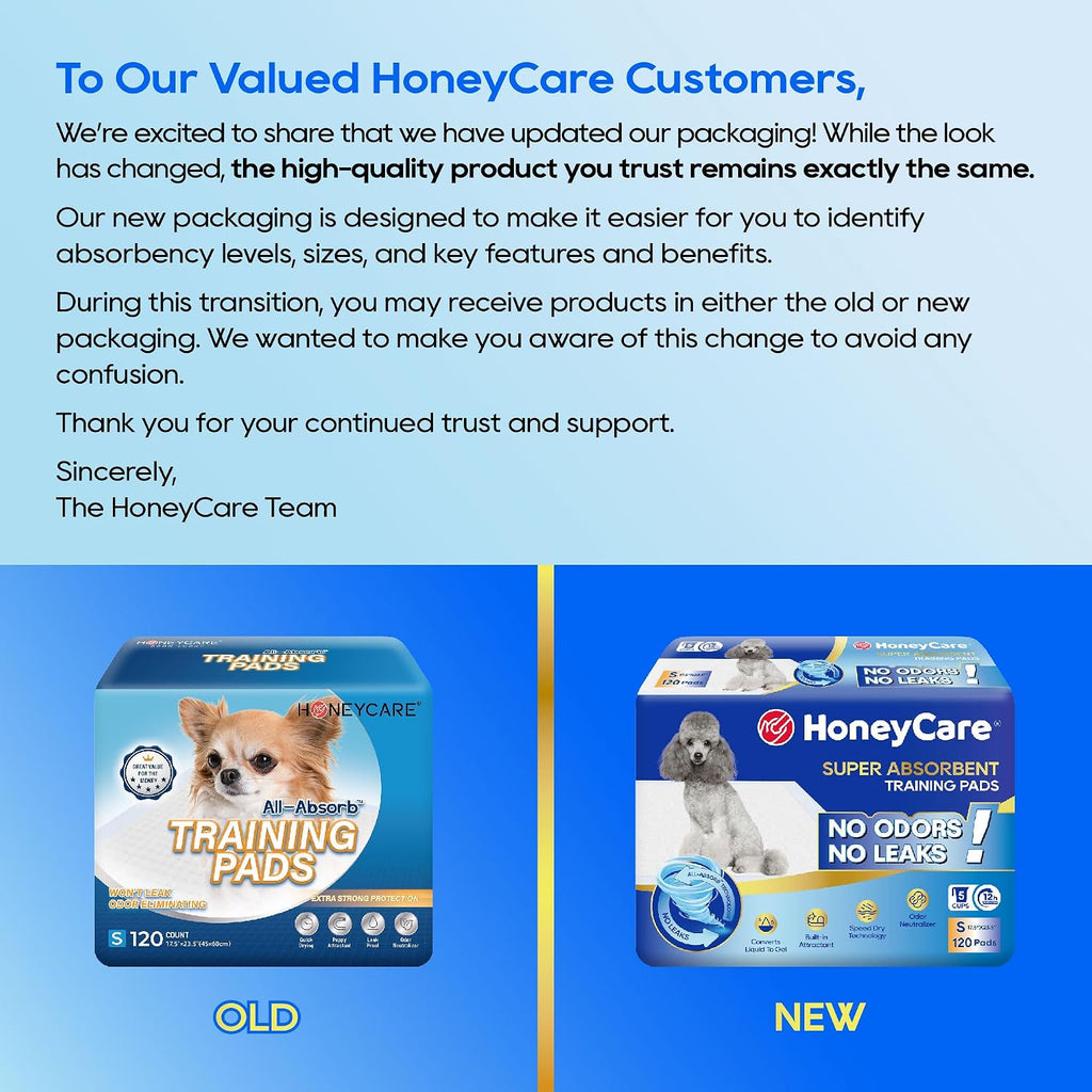 Honey Care All-Absorb, Small 17.5" x 23.5", 120 Count, Dog and Puppy Training Pads, Ultra Absorbent and Odor Eliminating, Leak-Proof 5-Layer Potty Training Pads with Quick-Dry Surface, Blue, A05