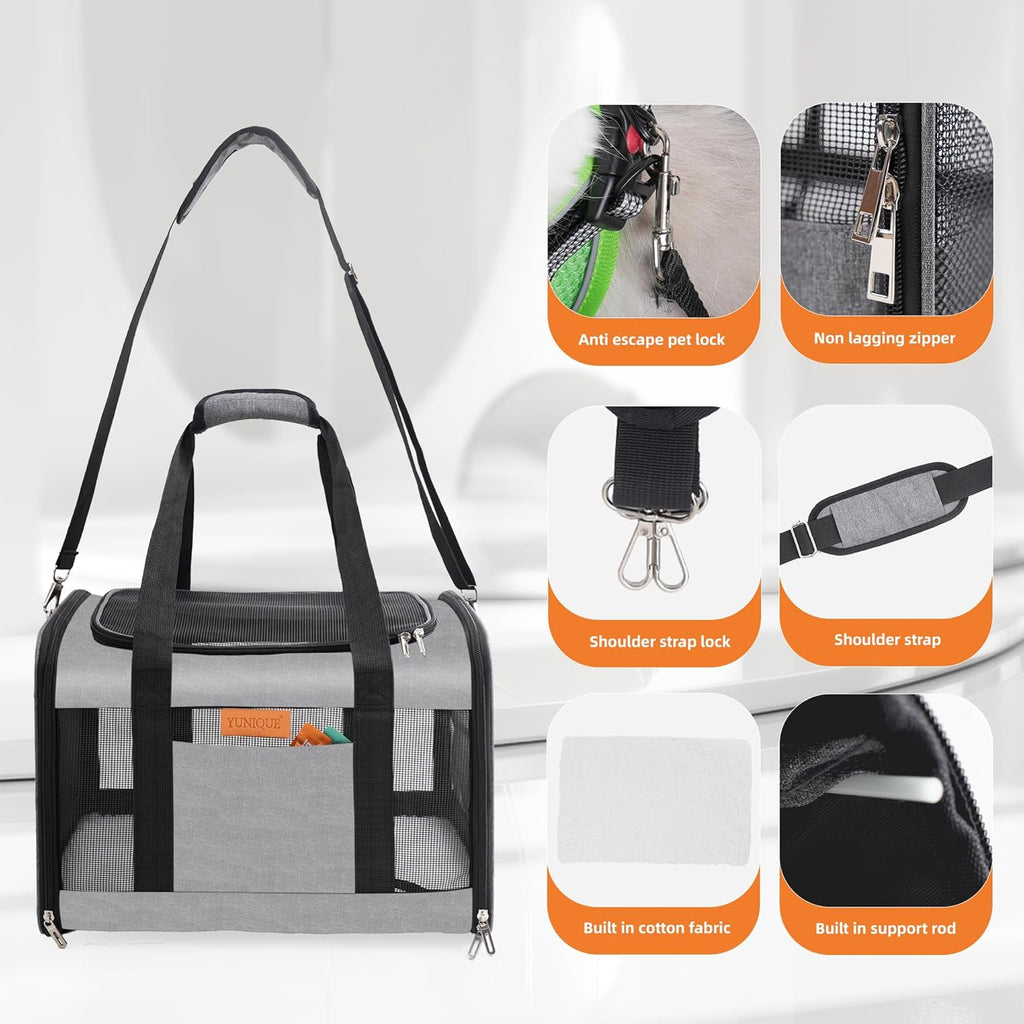 YUNIQUE Soft-Sided Cat & Dog Carrier for Pets Up to 15 Lbs, Airline Approved Collapsible Travel Puppy Carrier with Lightweight Fabric Design (Grey)