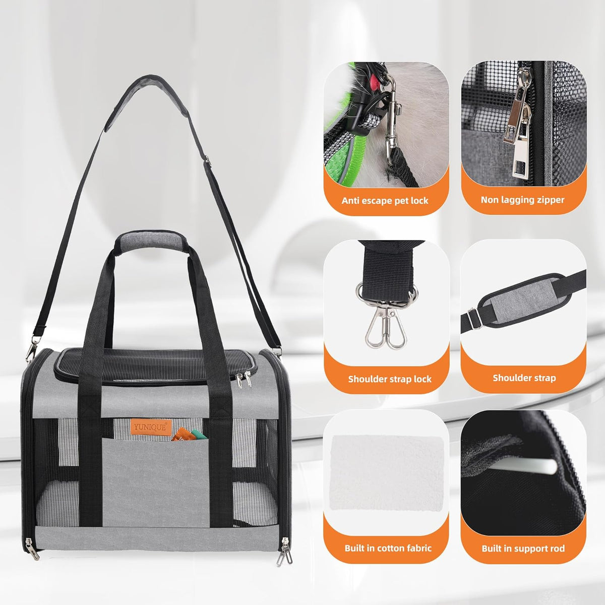 YUNIQUE Soft-Sided Cat & Dog Carrier for Pets Up to 15 Lbs, Airline Approved Collapsible Travel Puppy Carrier with Lightweight Fabric Design (Grey)
