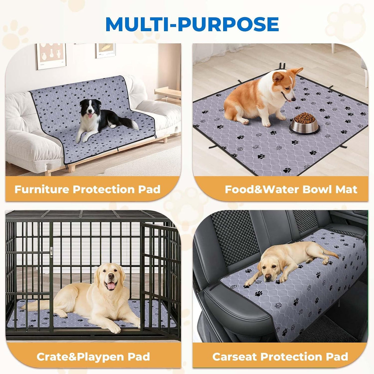 Fostanfly Washable Pee Pads for Dogs, Ultra-Absorbent, 2 Pack 36"x41" Gray | Leak-Proof, Waterproof, Non-Slip, Large Reusable Pee Pads for Puppy Potty Training, Crate and Playpen with 8 Tie Straps