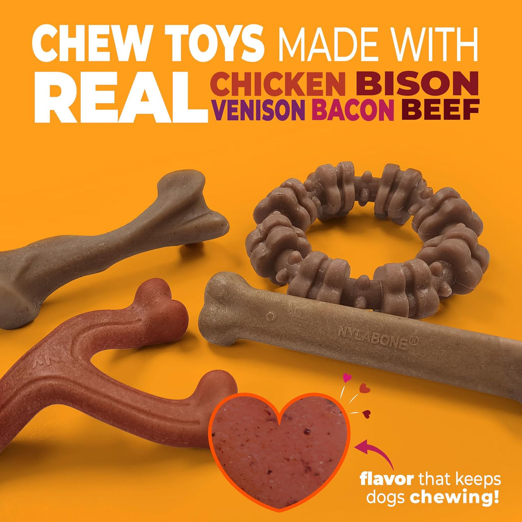 Nylabone Strong Chew Dog Toy 4-Pack, Durable Chew Toys, Large Dogs | Dog toys for aggressive chewers, made with real bacon, bison, venison, beef and chicken; for large breed dogs up to 50 lbs