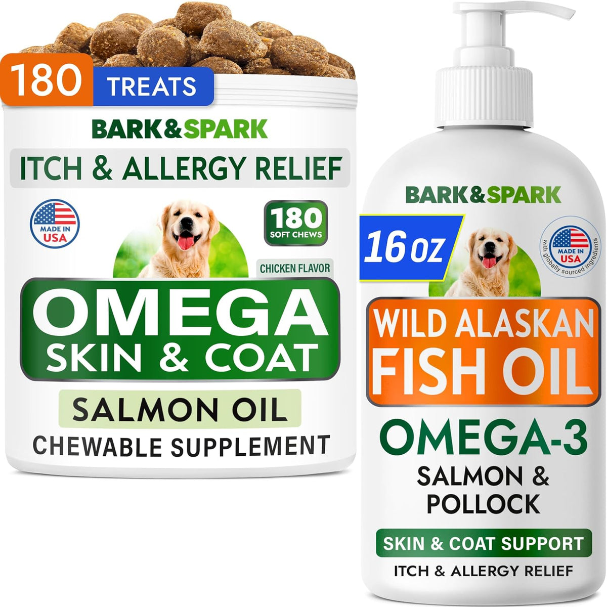 Omega 3 for Dogs - Fish Oil for Skin & Coat Health, Itch & Allergy Support | Vet-Approved - Salmon Oil Treats for Dog Shedding, Hot Spots Treatment - EPA&DHA Fatty Acids Supplement - Made in USA, 180Ct