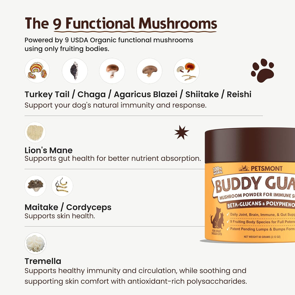 Petsmont Buddy Guard for Lumps and Bumps, Lipoma for Dogs & Cats, Patent Pending Organic 9 Mushroom Powder Blend Natural Dog Probiotic & Immune Support Chaga, Reishi, Lion's Mane, Turkey Tail Mushroom