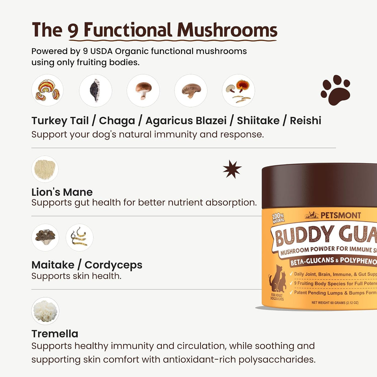 Petsmont Buddy Guard for Lumps and Bumps, Lipoma for Dogs & Cats, Patent Pending Organic 9 Mushroom Powder Blend Natural Dog Probiotic & Immune Support Chaga, Reishi, Lion's Mane, Turkey Tail Mushroom