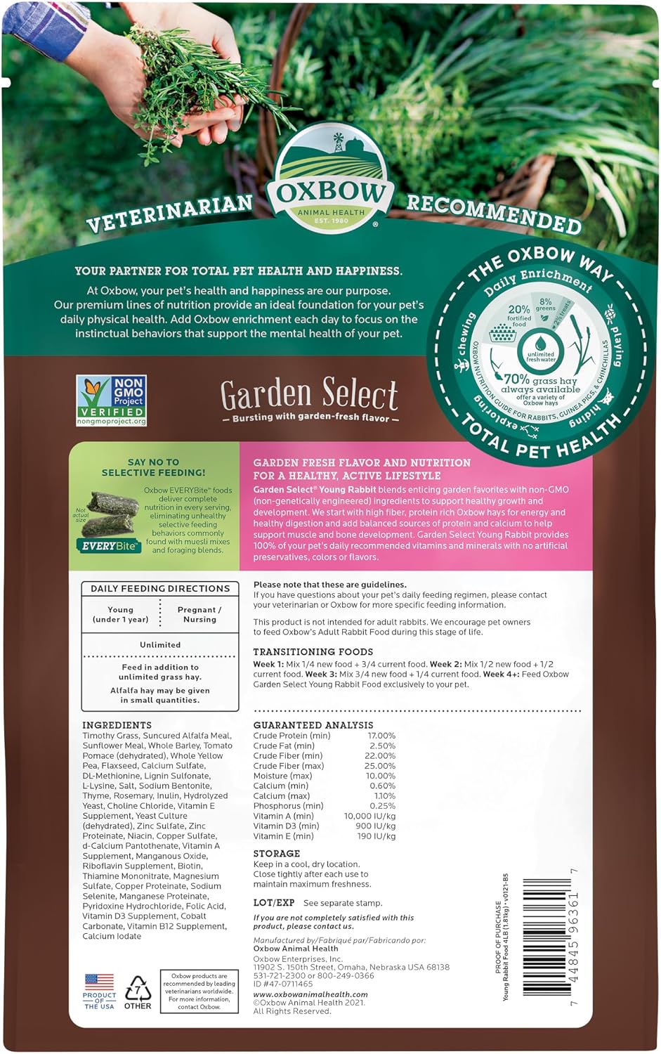 Oxbow Garden Select Young Rabbit Food, High-Fiber Rabbit Pellets, USA, 4 lb
