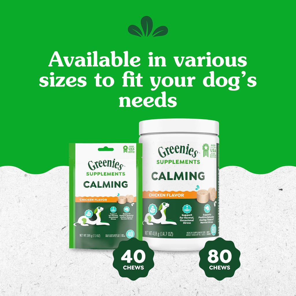 Greenies Supplements Calming Chews for Dogs, Chicken Flavor, 40 Count | L-Tryptophan & L-Theanine, supports positive behavior, made in USA, NASC Quality Seal, real chicken, no fillers