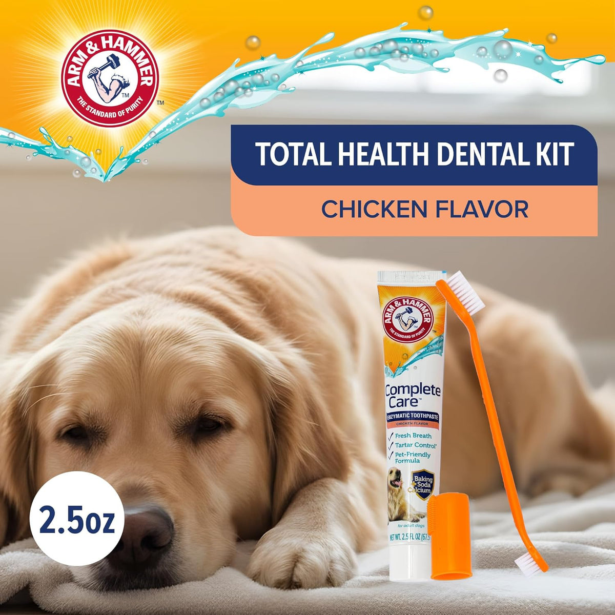 Arm and Hammer Complete Care Dog Dental Kit, Chicken Flavor, 2.5 Oz | Enzymatic toothpaste, toothbrush, and finger brush with baking soda and calcium for plaque and tartar control