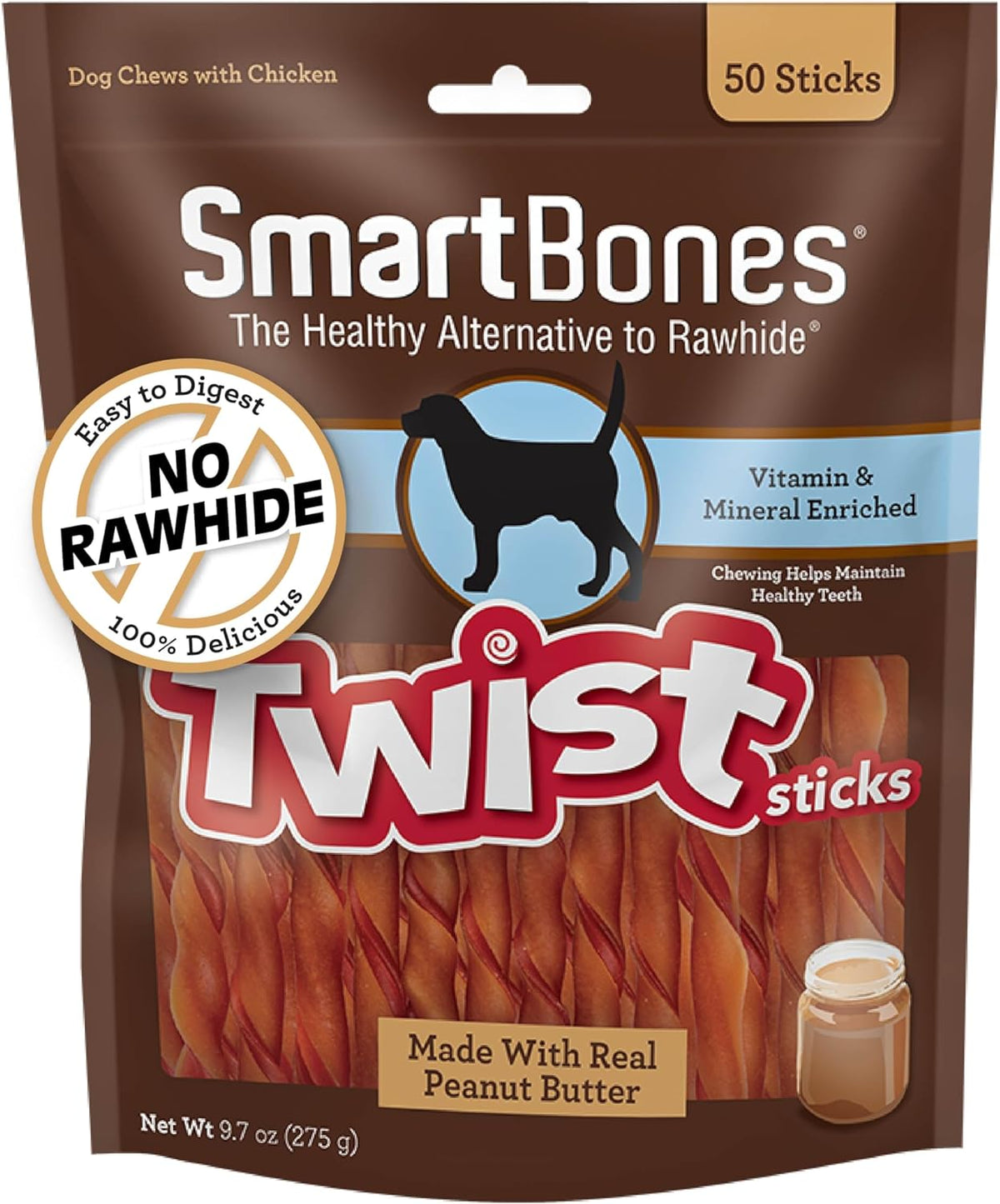 SmartBones Twist Sticks Rawhide-Free Dog Treats, Peanut Butter, 50 Count | With Real Peanut Butter & Chicken, Easy To Digest Chew, Vitamin & Mineral Enriched, Supports Dental Health, For Adult Dogs