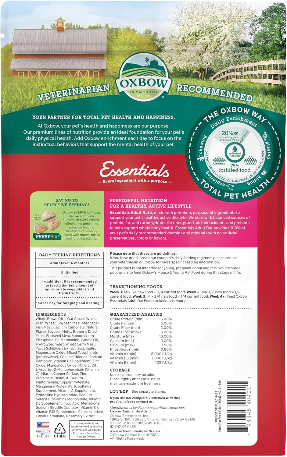 Oxbow Essentials Rat Food, Pet Food for Adult Rats, All-Natural Vitamin & Mineral Rich Formula, Veterinarian Recommended, Oxbow, Rodent Pellets, Made in USA, No Artificials, 3 lb. Bag