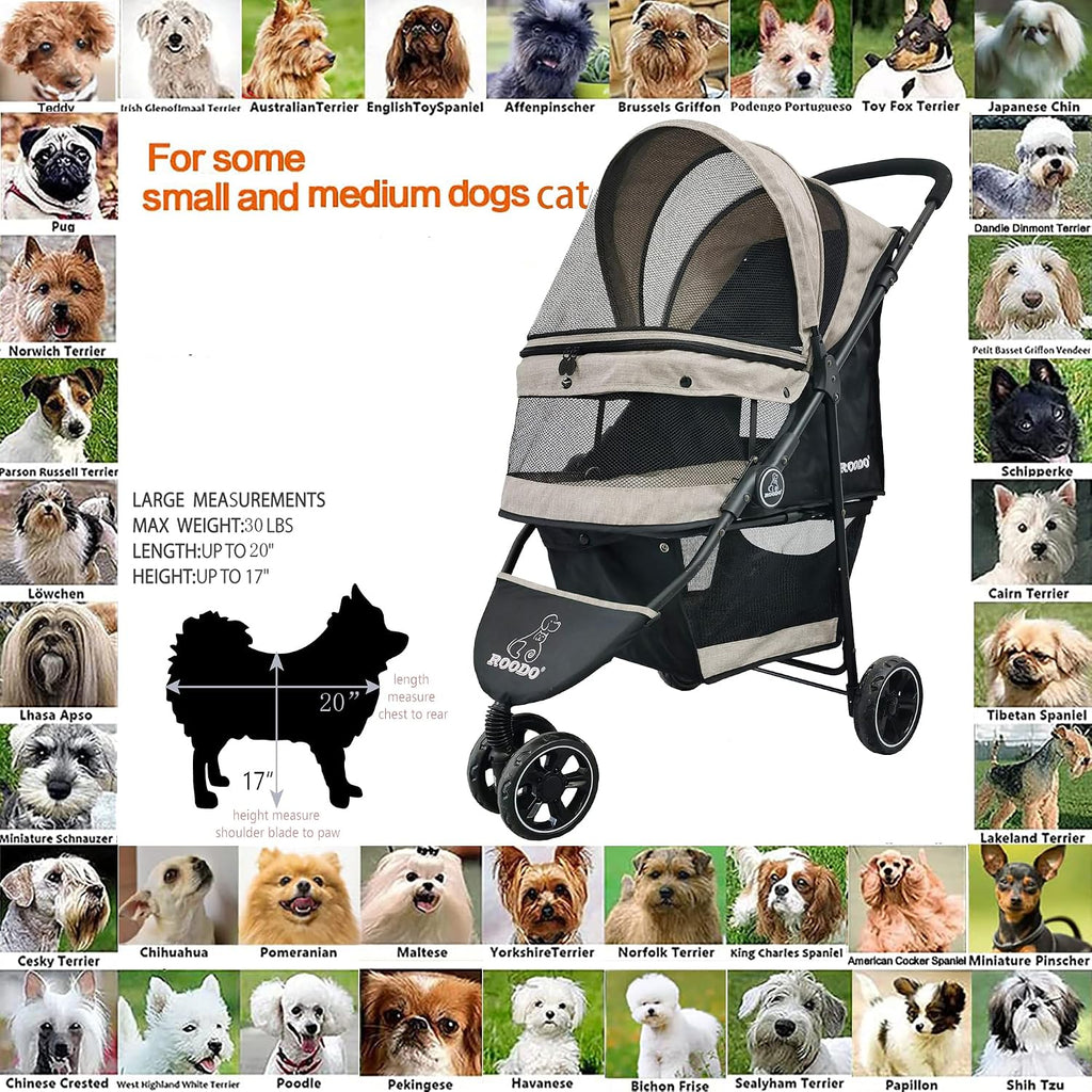 ROODO 3 Wheel Dog Pet Cat Stroller Best Lightweight Foldable Compact Portable Jogger All Terrain Travel Pet Gear Puppy Kitty Stroller for up to 30lbs Medium Small Dogs and Cats(Light Khaki)