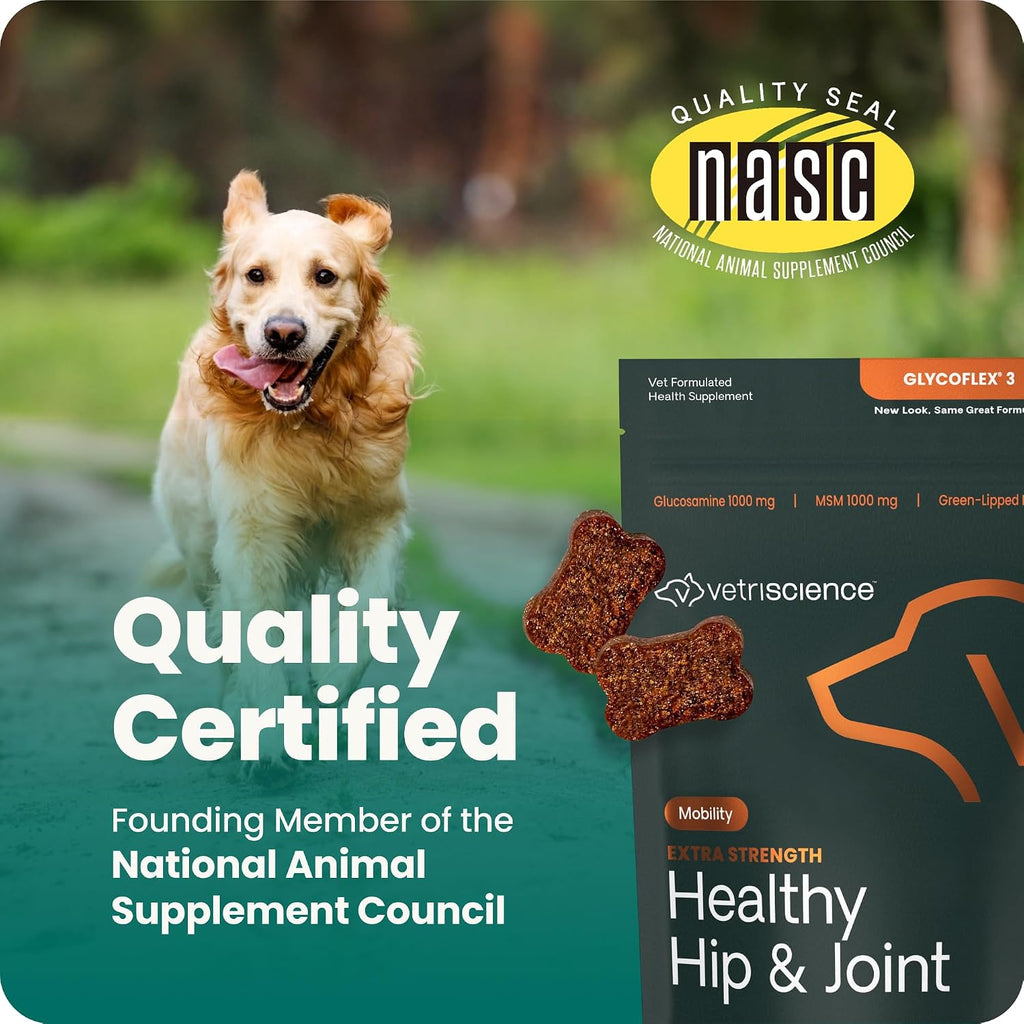 VetriScience Extra Strength Healthy Hip & Joint for Dogs, Chicken, 120ct | Supports Joint Health & Mobility, Vet-formulated w/Glucosamine, MSM, DMG & Green-Lipped Mussel