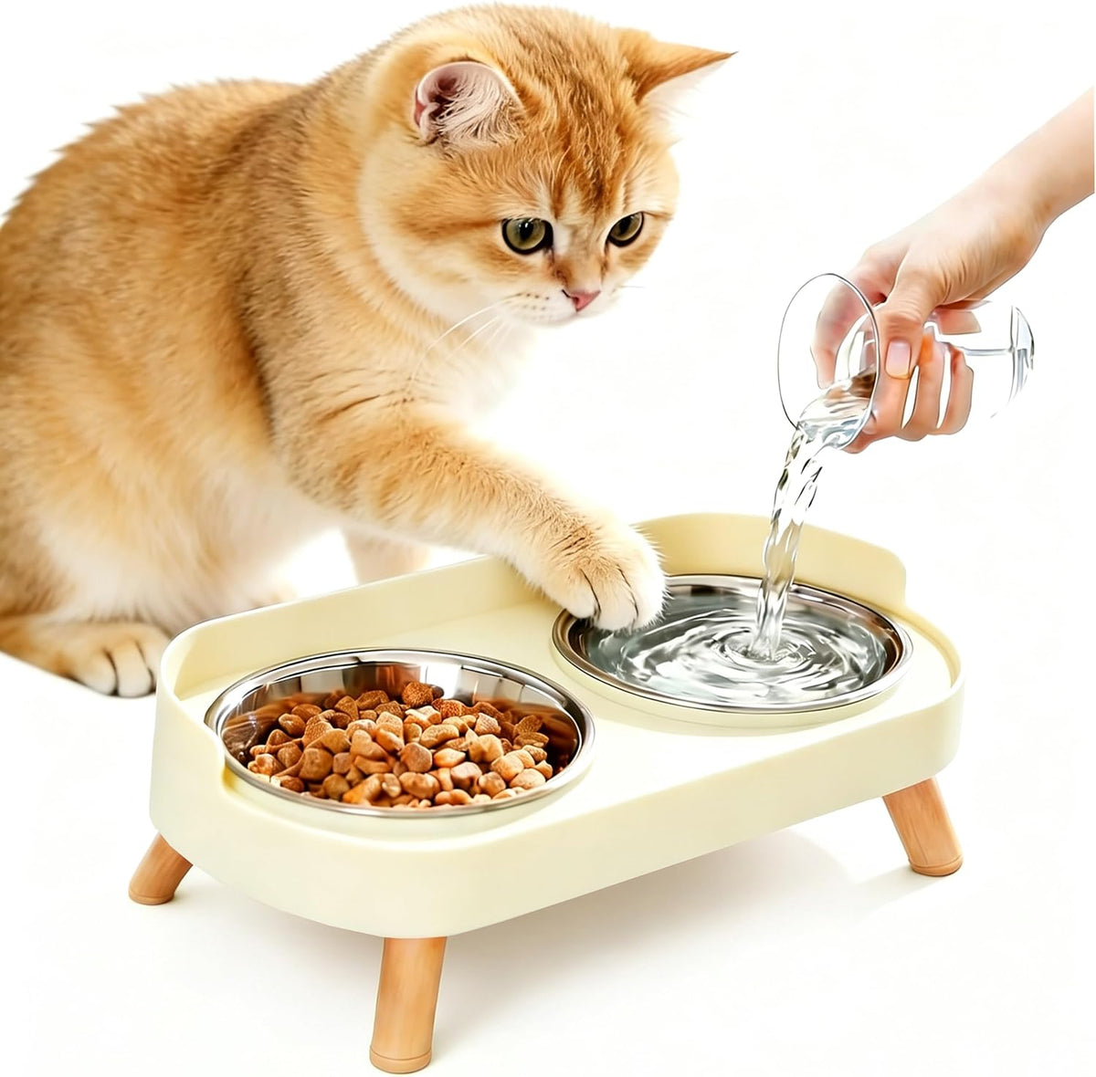 Elevated Cat Bowls with Food Mat, Splash Proof Anti Vomiting Raised Cat Food and Water Bowl Set, 2 Stainless Steel Dishes for Cats and Puppy, Pet Bowl for Indoor Cats White