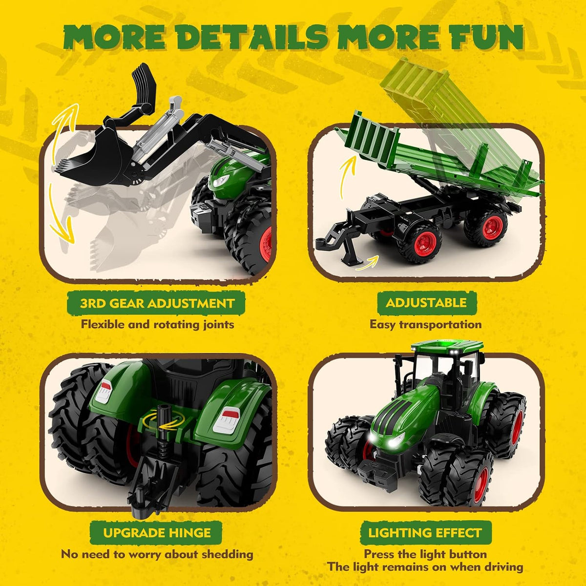 Uarzt Remote Control Tractor Toy with Trailer | Metal Front & Front Loader Farm Vehicle Set with Lights & 8-Wheel Design, RC Tractor Truck for Boys Ages 3-9, Fun Farm Toy Gift for Kids