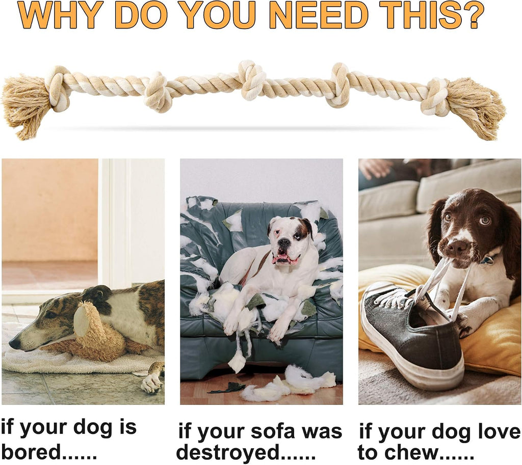 Fida Dog Rope Toys for Aggressive Chewers, Chew Toys for Large Medium Dogs | Natural Cotton, Heavy Duty Pull Rope for Tug of War and Interactive Play, 3 Feet 5 Knots Indestructible, Teeth Cleaning