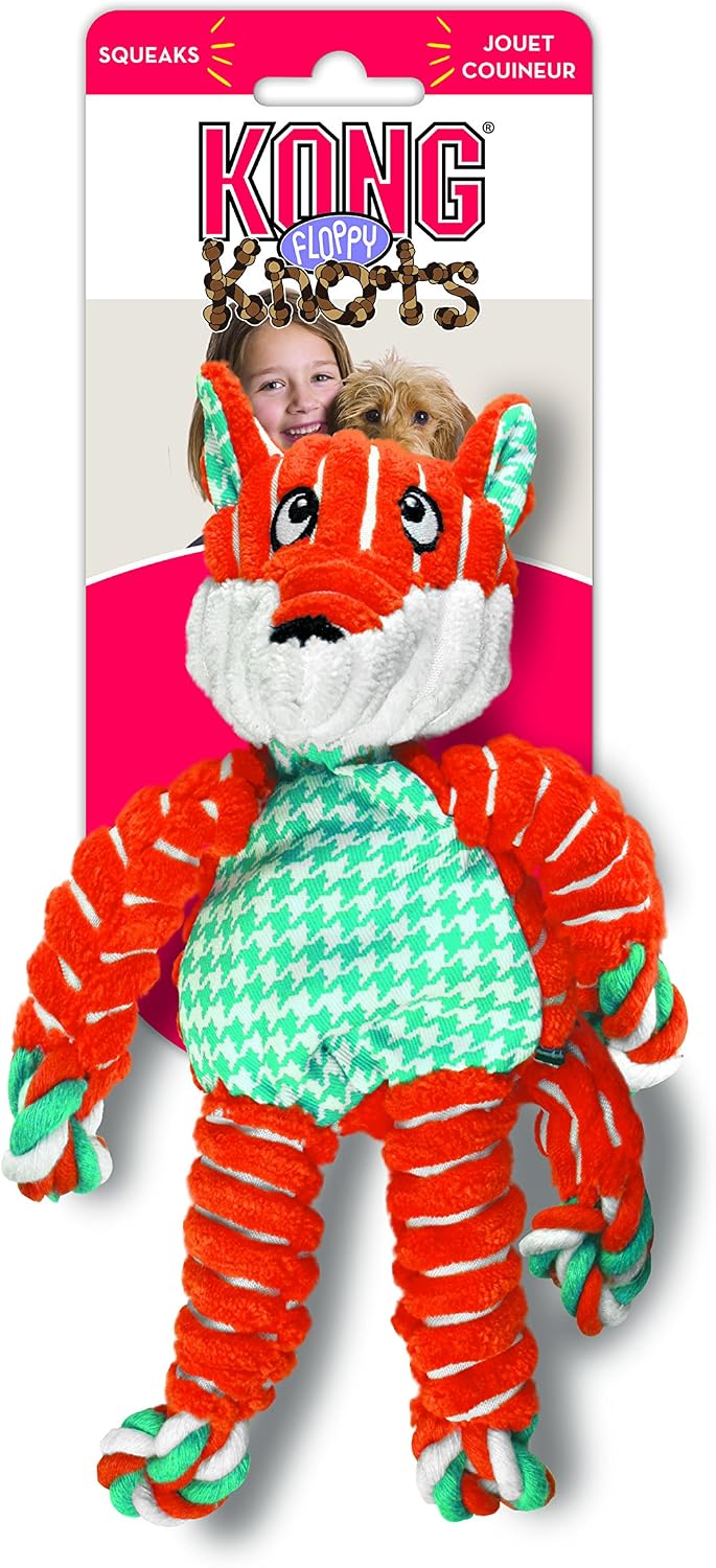 KONG Floppy Knots Rope and Plush Dog Toy, Fox, Medium/Large | Knotted Rope & Plush Toy with Minimal Stuffing & a Squeaker, Great for Teething, Tugging & Lively Play