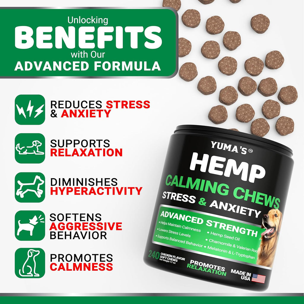 Hemp Calming Chews for Dogs - 240 Treats - Advanced Dog Calming Chews | Dog Anxiety Relief Supplement with Melatonin - Sleep Aid, Separation, Barking, Stress & Travel - Joint Support - Made in USA