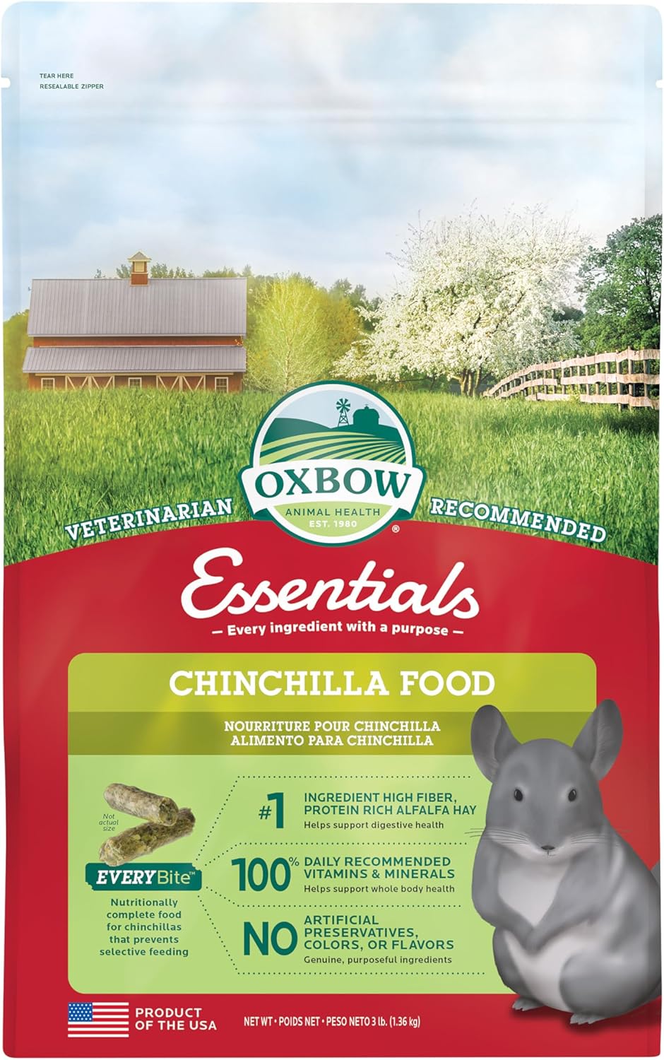 Oxbow Essentials Chinchilla Food, Made with Oxbow Alfalfa, Vitamin & Mineral Rich Food for Chinchillas, Small Animal Pet Pellets, Made in USA, High Fiber, 10 lb Bag