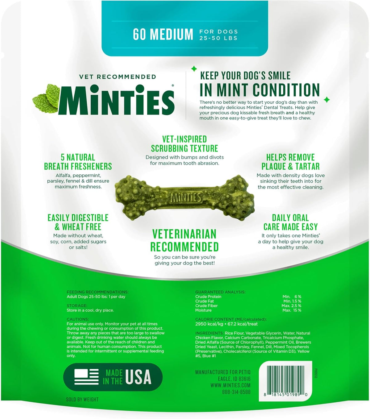 Minties Dental Chews for Dogs, 60 Count, Vet-Recommended Mint-Flavored Dental Dog Treats for Medium Dogs, Bones Clean Teeth, Fight Bad Breath, and Removes Plaque and Tartar | Vet-recommended mint dental bone; scrubs teeth as dogs chew; fights plaque, tart
