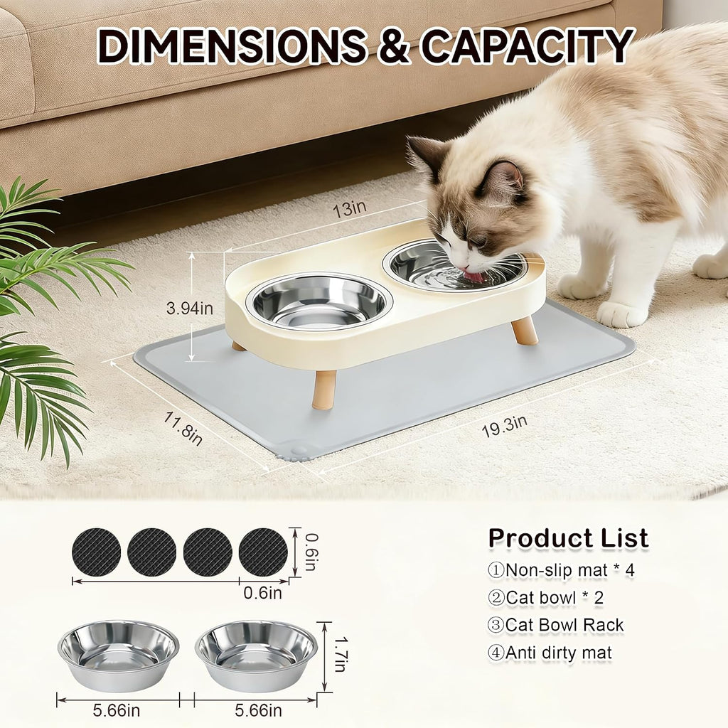 Elevated Cat Bowls with Food Mat, Splash Proof Anti Vomiting Raised Cat Food and Water Bowl Set, 2 Stainless Steel Dishes for Cats and Puppy, Pet Bowl for Indoor Cats White