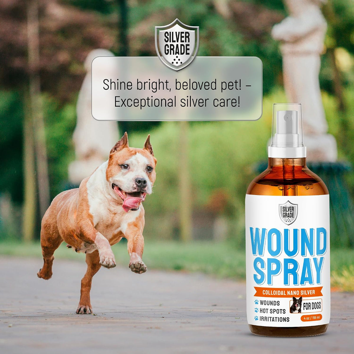 SILVER GRADE Dog Wound Spray Helps with Hot Spots, Irritations, Bites, Burns, Rashes, Itch, Scratching – Better Use with a Dog Cone to Stop Licking – Safe for Large and Small Breeds – 4 oz