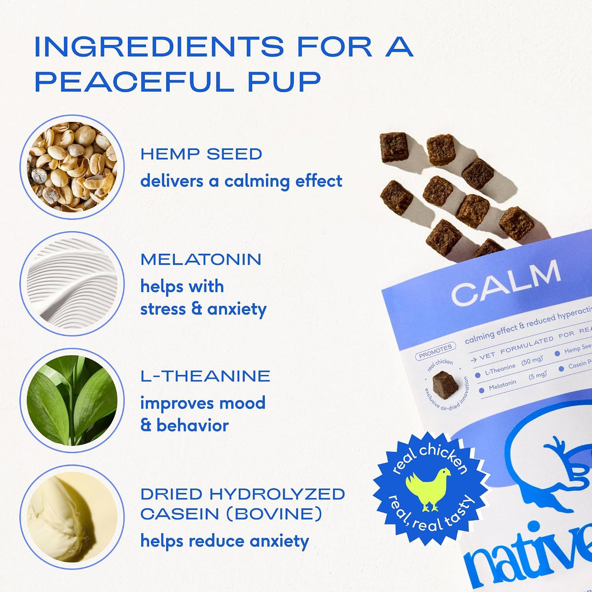 Native Pet Calming Chews for Dogs - Promotes Calming Effect, Supports Emotional Balance & Reduces Hyperactivity - Hemp Seed, Melatonin for Dogs, L-Theanine & Casein - Air-Dried 30 Chews