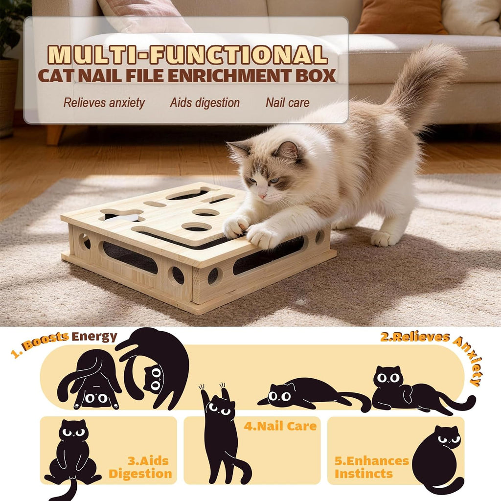 Cat Scratch Puzzle Enrichment Box, Large Solid Wood with Sandpaper Inside