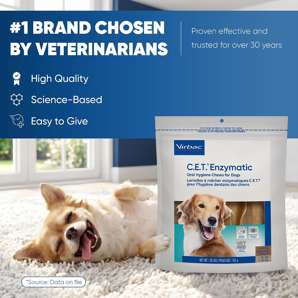 Virbac C.E.T. Enzymatic Oral Hygiene Chews for Dogs, Tartar Control, Large | Dual-enzyme system, single layer beefhide, chicken flavored plaque control, oral hygiene care for large dogs
