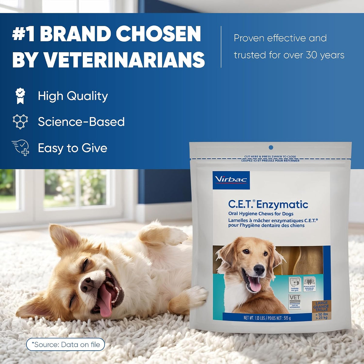 Virbac C.E.T. Enzymatic Oral Hygiene Chews for Dogs, Tartar Control, Large | Dual-enzyme system, single layer beefhide, chicken flavored plaque control, oral hygiene care for large dogs