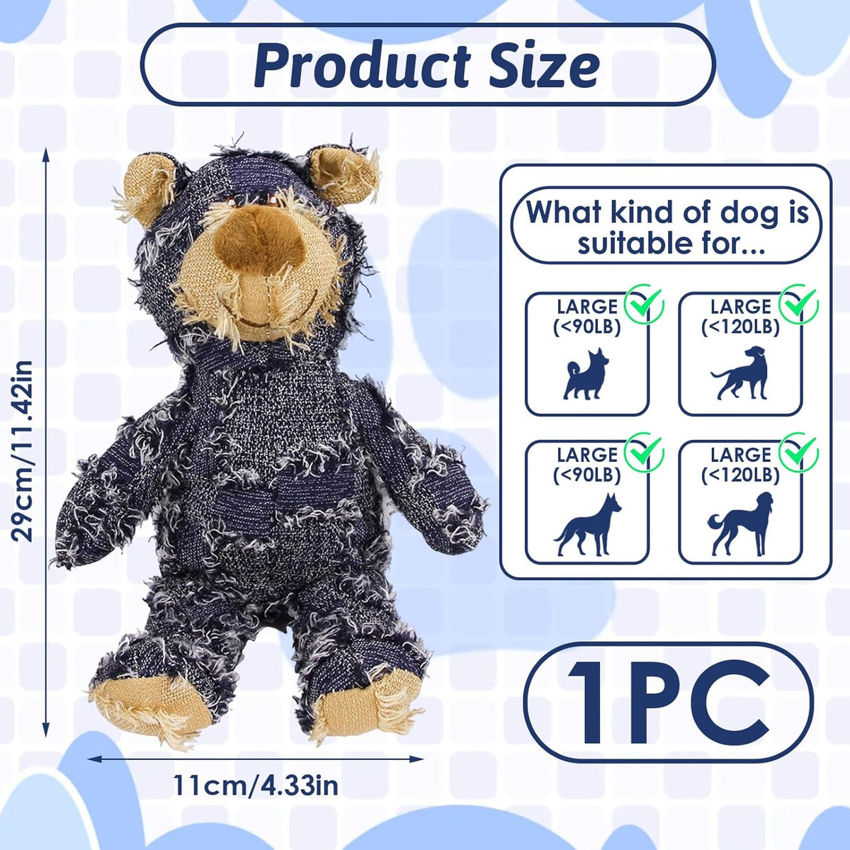MAXBECK Dog Companion for Heavy Chewers- Indestructible Robust Bear Dog Toy, Resistant Squeaky Dog Toys for Heavy Chewers, Unbreakable Stuffed Plush Dog Toys for Aggressive Chewers (A-Navy)