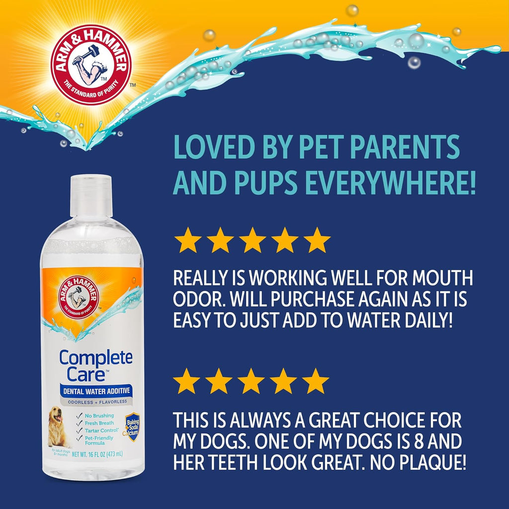 Arm & Hammer Complete Care Dog Dental Water Additive, 16 Fl Oz | Odorless, flavorless daily formula with baking soda and calcium fights plaque, tartar, and bad breath