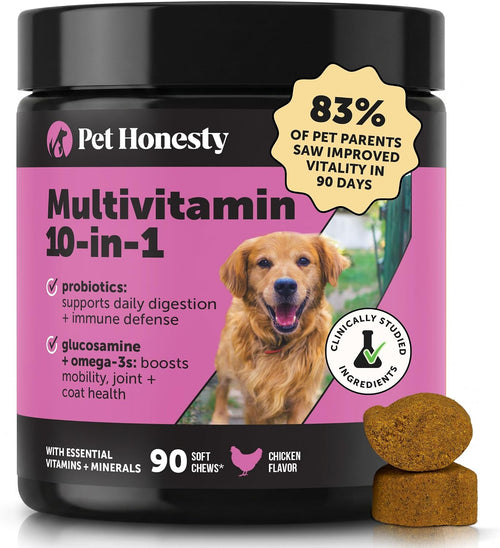 10-in-1 Dog Multivitamin Supplement with Glucosamine & Probiotics - Hip & Joint Support, Digestive Health, Immune Support, Heart & Skin - All-in-One Daily Vitamins & Omega-3s for Dogs, Chicken, 90 Ct