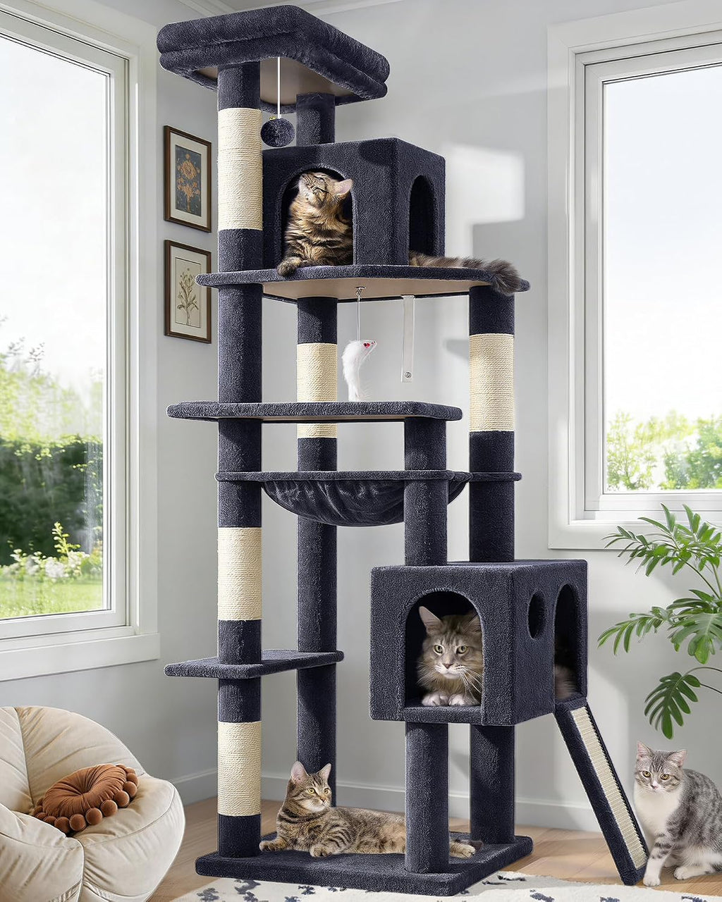Globlazer Heavy Duty Cat Tree, 70 inch Sturdy Cat Tree for Indoor Cats Extra Large Cat Tower with Scratching Post, Hammock, Cat Condo for Adult Cats Kittens, F70 Pro, Light Grey