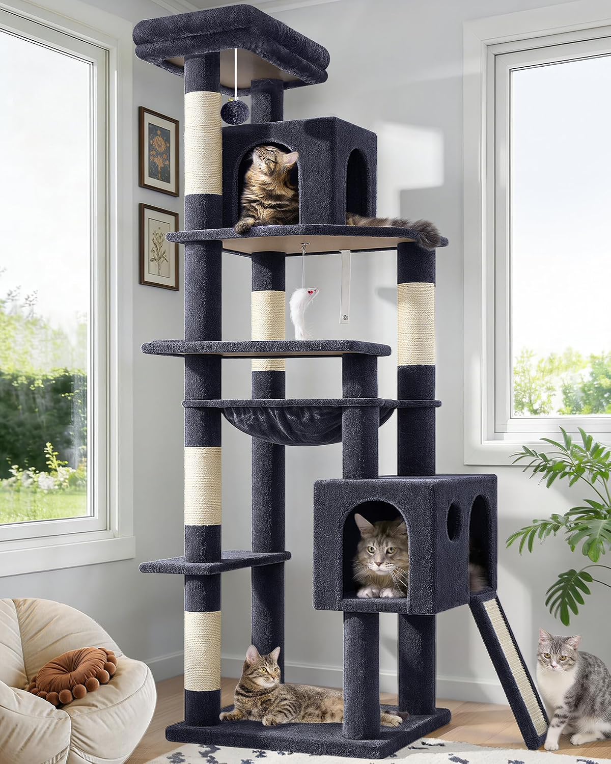 Globlazer Heavy Duty Cat Tree, 70 inch Sturdy Cat Tree for Indoor Cats Extra Large Cat Tower with Scratching Post, Hammock, Cat Condo for Adult Cats Kittens, F70 Pro, Light Grey