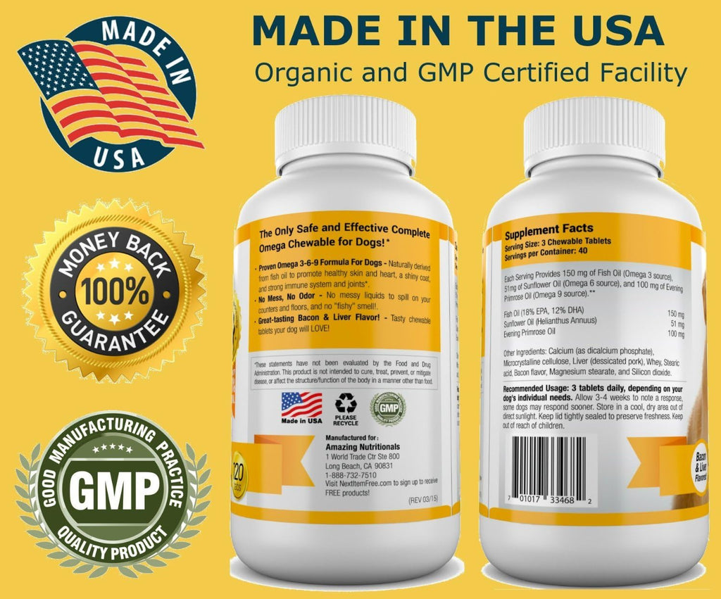 Amazing Omega 3 for Dogs - Fish Oil for Dogs Supplement 120 Bacon Chews - Itchy Skin, Dry Skin, Shedding & Coat Support - Omega Fatty Acids EPA DHA - Made in USA