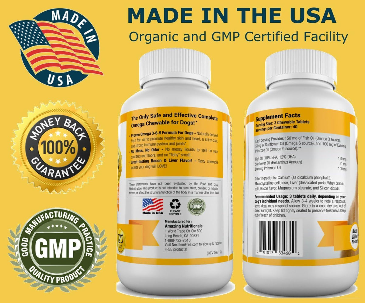 Amazing Omega 3 for Dogs - Fish Oil for Dogs Supplement 120 Bacon Chews - Itchy Skin, Dry Skin, Shedding & Coat Support - Omega Fatty Acids EPA DHA - Made in USA
