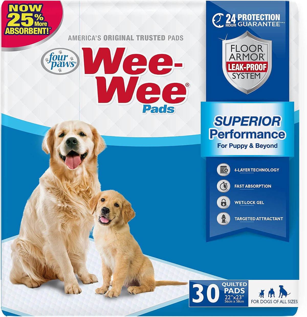 Four Paws Wee-Wee Superior Performance Dog Pee Pads, 200 Count | Quilted leak-proof puppy pads, dog housebreaking & potty training, 24-hour floor protection, pet supplies, 22" x 23"