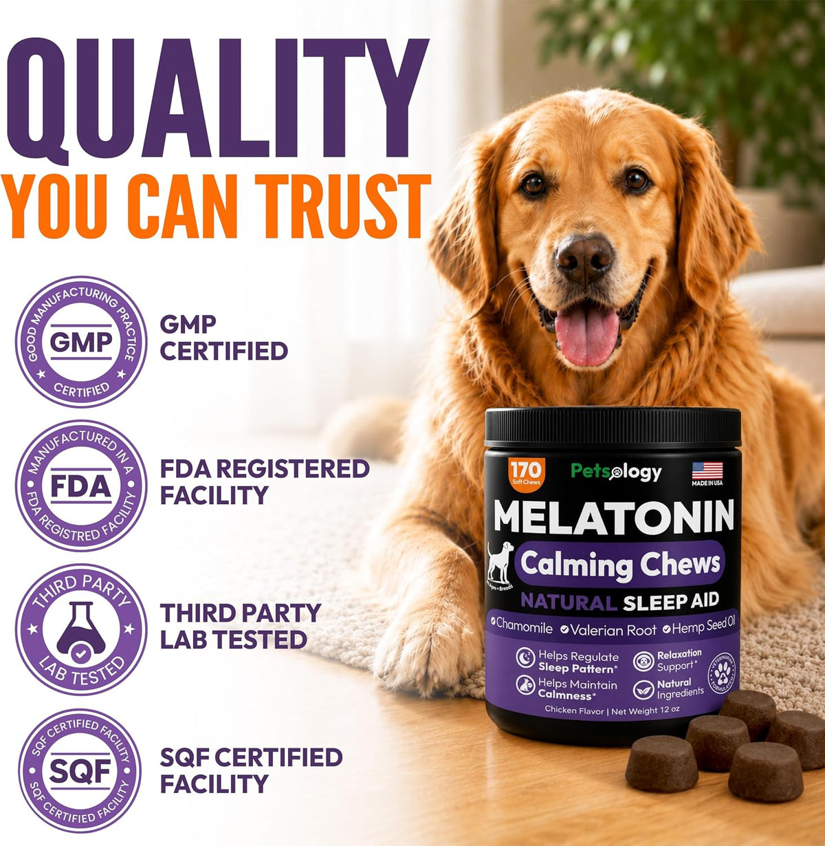 Melatonin for Dogs - 170 Dog Melatonin Calming Chews for Small & Large Dogs | Natural Hemp Dog Sleep Aid - Puppy Sleeping Pills for Anxiety, Stress, Separation, Barking & Fireworks - Made in USA